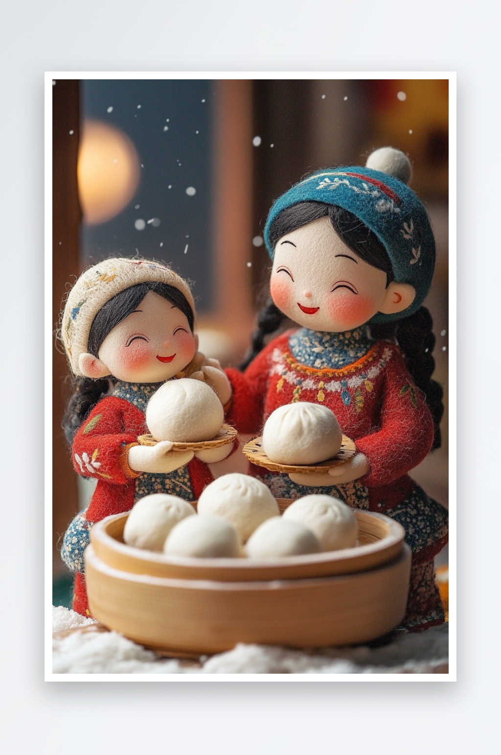 AI蛇年元宵节元旦羊毛毡人物吃汤圆元宵插画模型素材