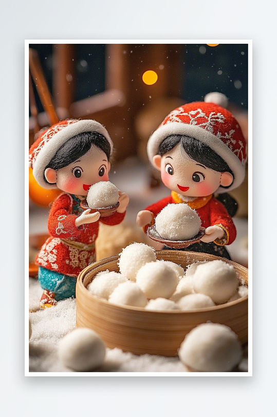 AI蛇年元宵节羊毛毡人物吃汤圆元宵插画模型-众图网