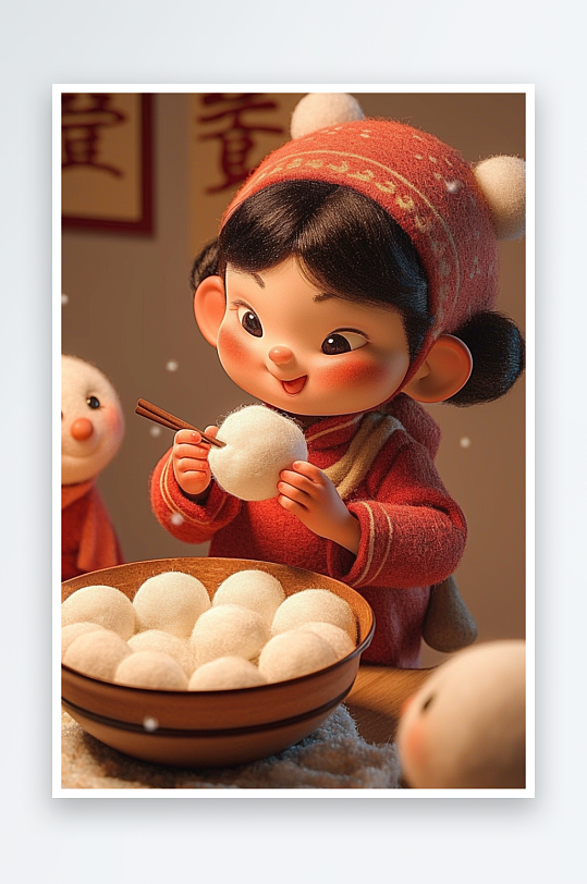 AI蛇年元宵节羊毛毡人物吃汤圆元宵插画模型-众图网