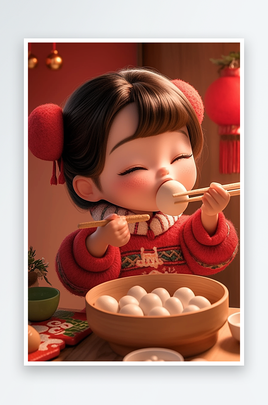 AI2025元宵节羊毛毡人物吃汤圆元宵插画模型-众图网