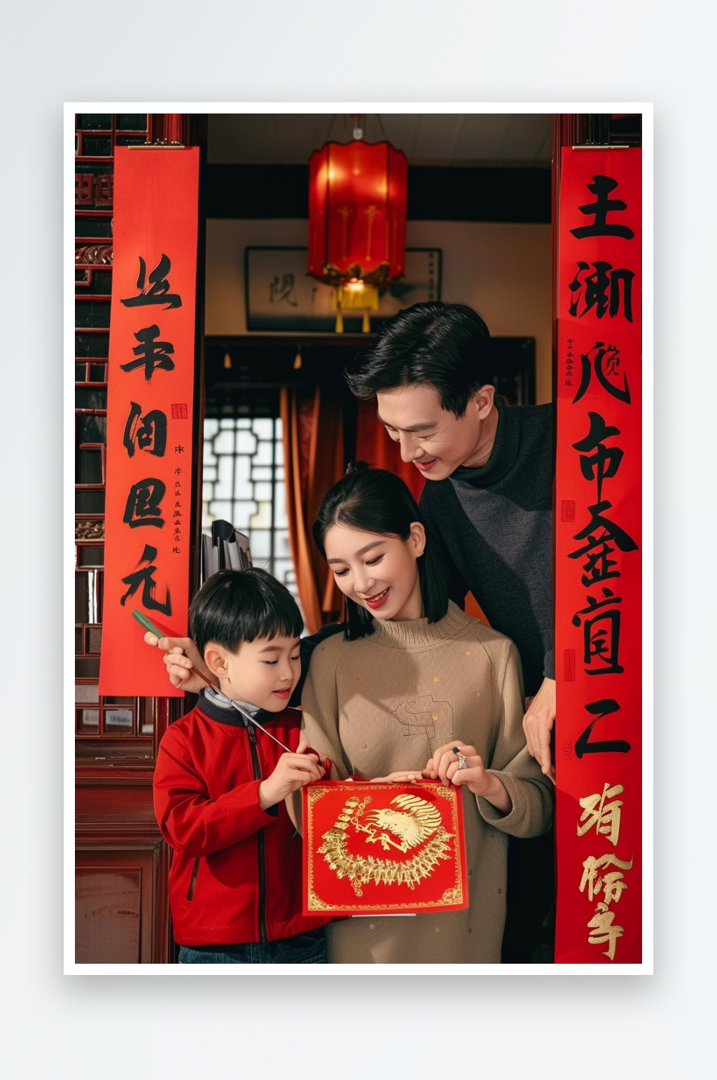AI小孩写春联贴春联对联人物摄影图素材