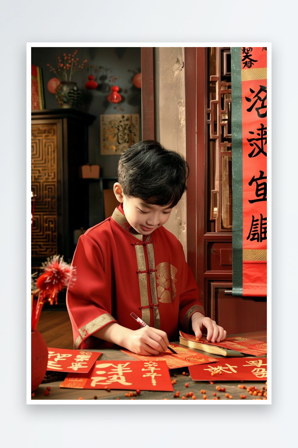 AI男孩写春联贴春联对联人物摄影图素材