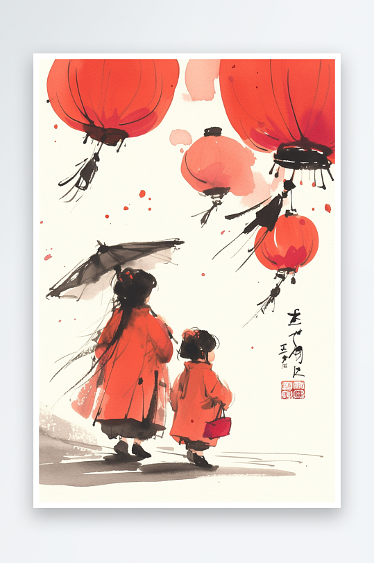 AI数字艺术新春年俗国风工笔水墨画插画