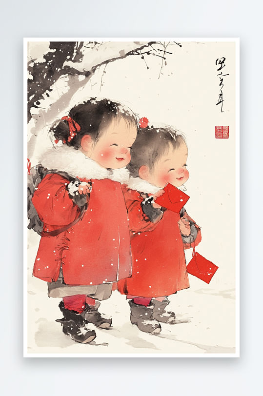 AI数字艺术新春年俗国风工笔水墨画插画