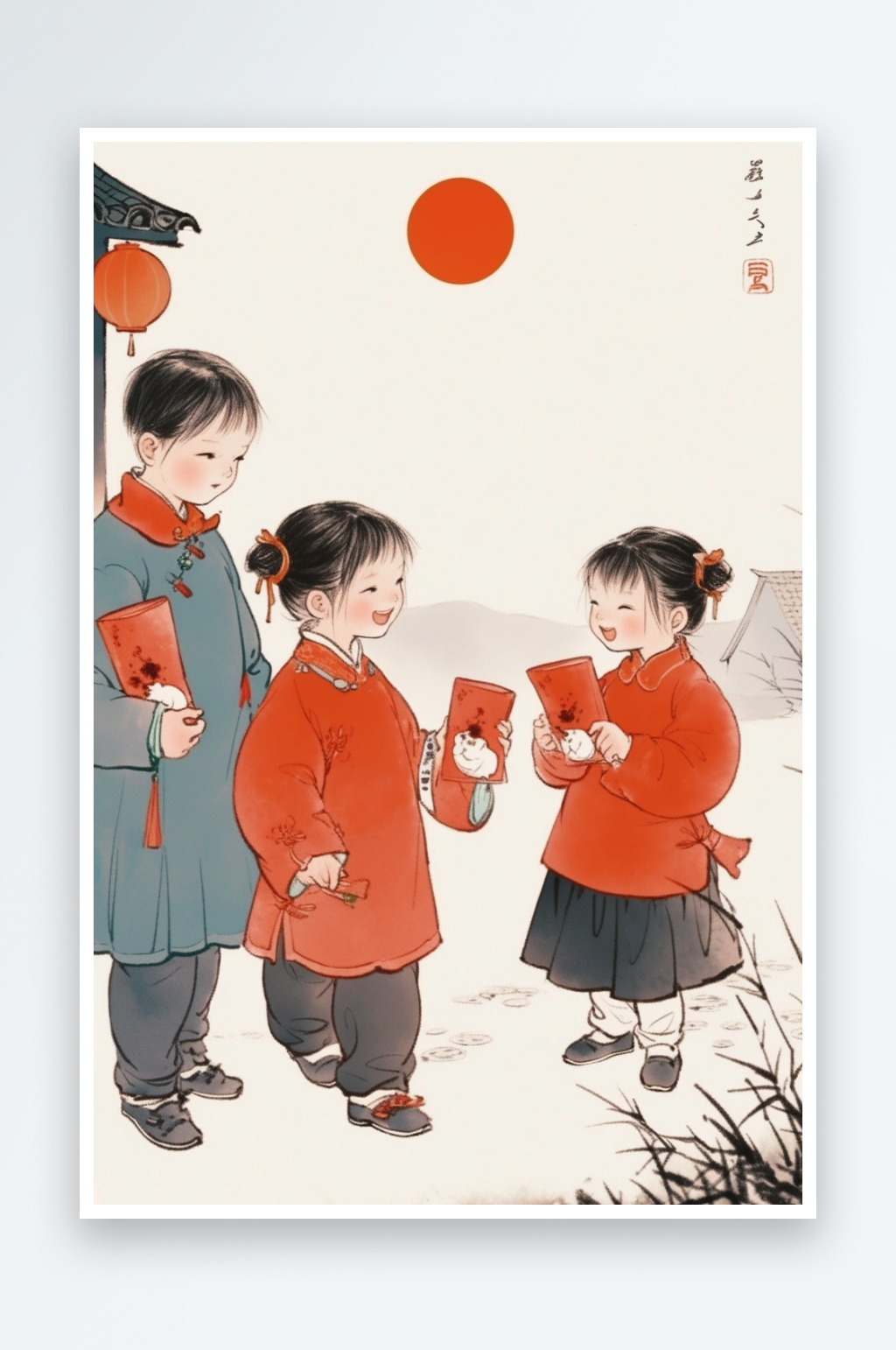 AI拜年新春年俗国风工笔水墨画插画素材
