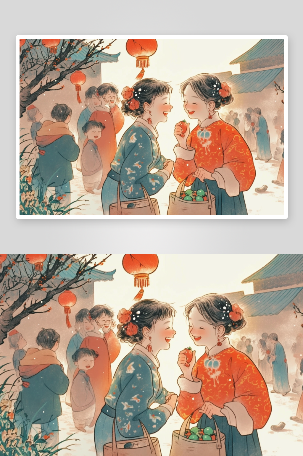 AI拜年新春年俗国风工笔水墨画插画素材