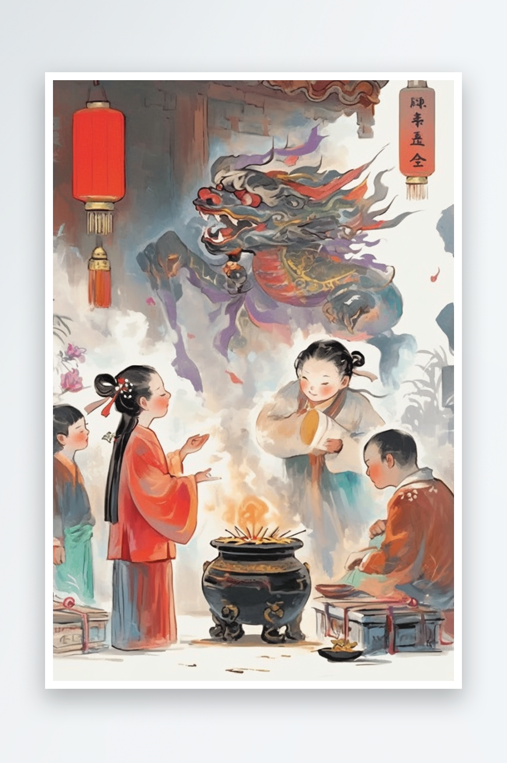 AI除夕新春年俗国风工笔水墨画插画素材