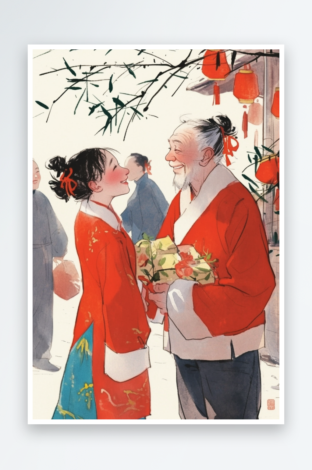 AI除夕新春年俗国风工笔水墨画插画素材