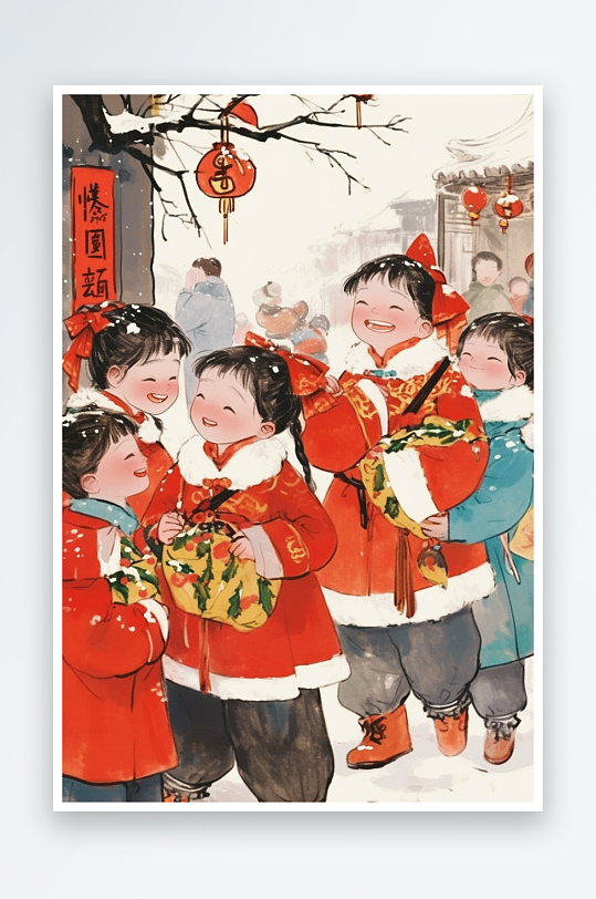 AI除夕新春年俗国风工笔水墨画插画