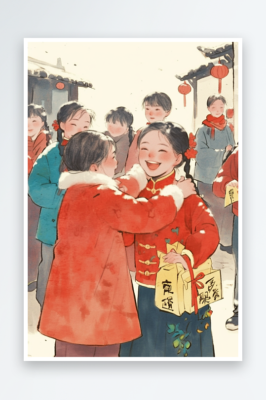 AI除夕新春年俗国风工笔水墨画插画