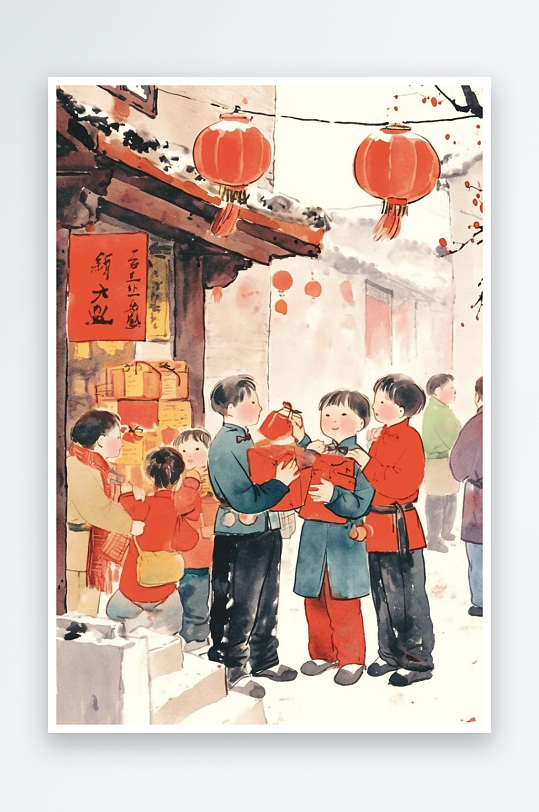 AI除夕新春年俗国风工笔水墨画插画