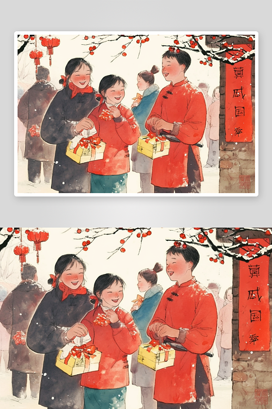AI拜财神新春年俗国风工笔水墨画插画