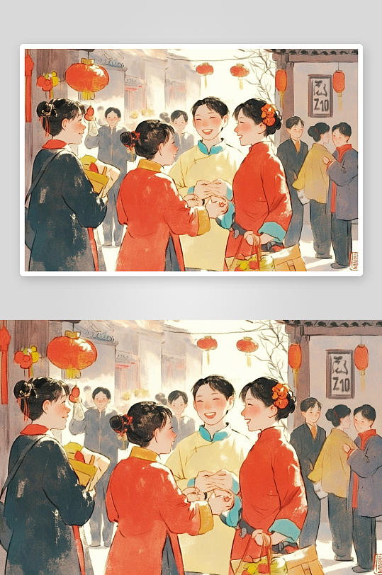 AI拜财神新春年俗国风工笔水墨画插画