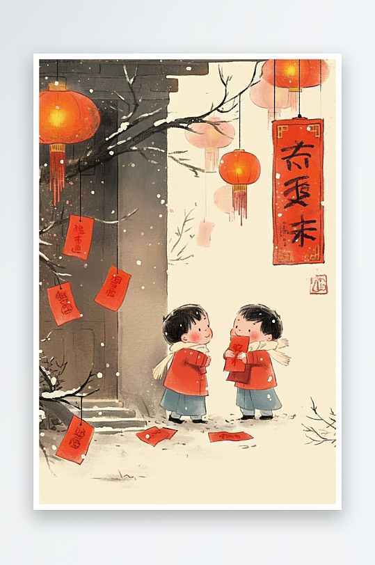 AI拜财神新春年俗国风工笔水墨画插画