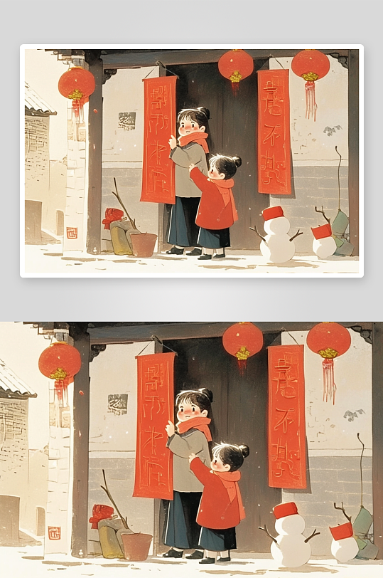 AI点鞭炮神新春年俗国风工笔水墨画插画-众图网