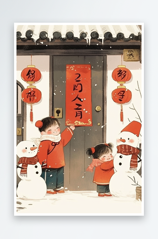 AI点鞭炮神新春年俗国风工笔水墨画插画-众图网