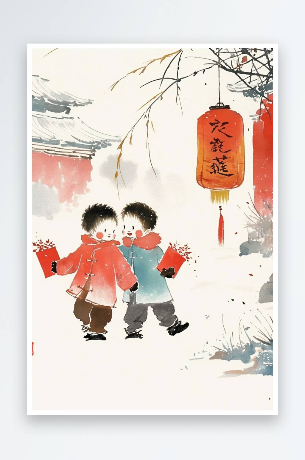 AI点鞭炮神新春年俗国风工笔水墨画插画素材