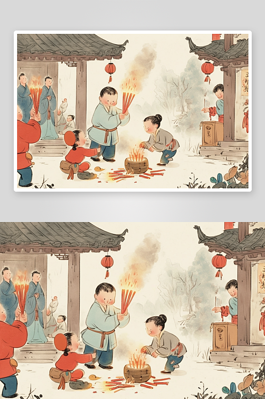 AI拜财神神新春年俗国风工笔水墨画插画