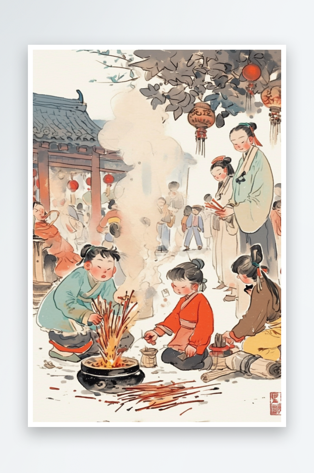 AI拜财神神新春年俗国风工笔水墨画插画素材