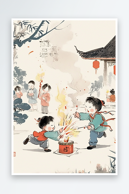 AI点鞭炮新春年俗国风工笔水墨画插画-众图网