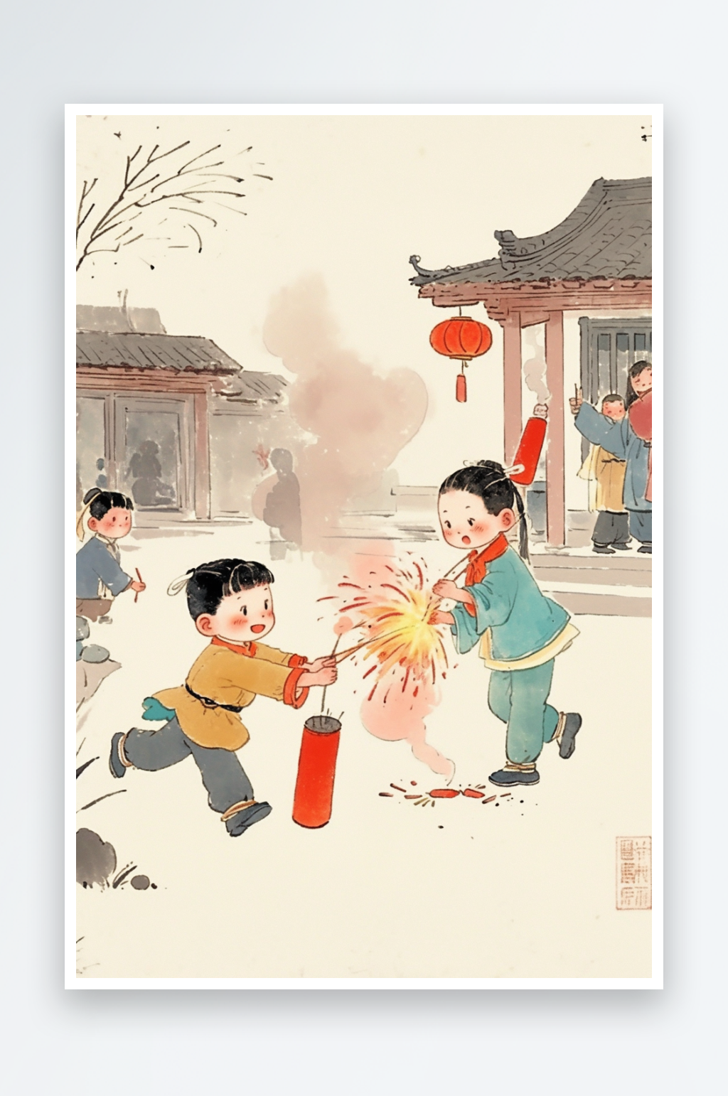 AI点鞭炮新春年俗国风工笔水墨画插画素材