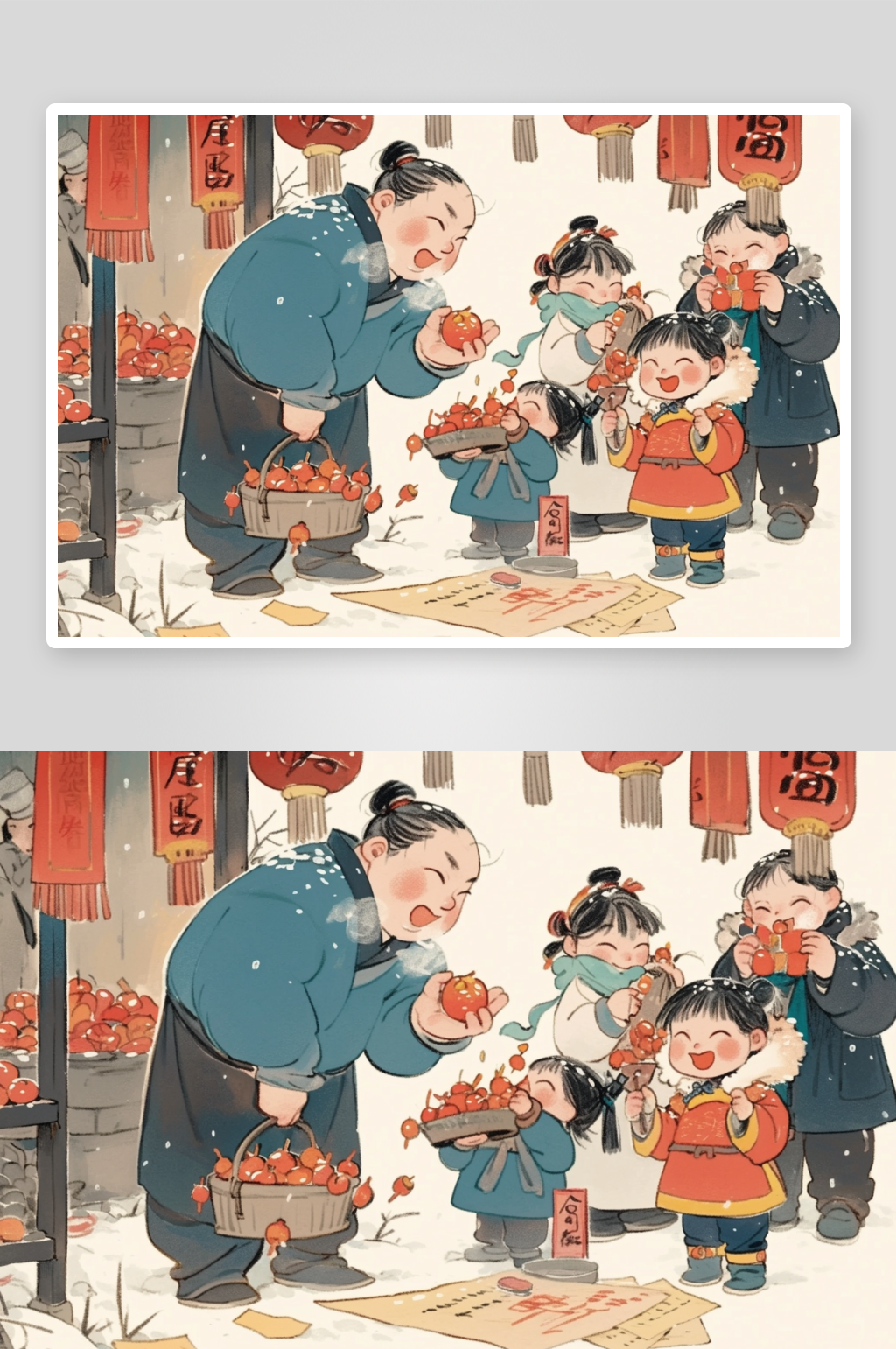 AI点鞭炮新春年俗国风工笔水墨画插画素材