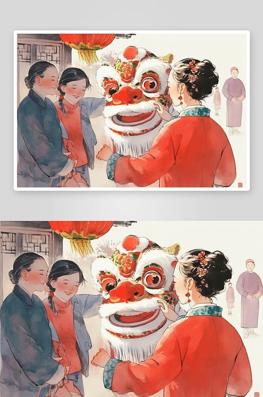 AI点鞭炮新春年俗国风工笔水墨画插画-众图网