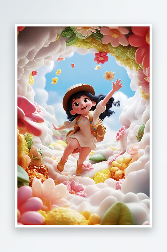 AI61儿童节穿越隧道夏季3D人物模型插画-众图网