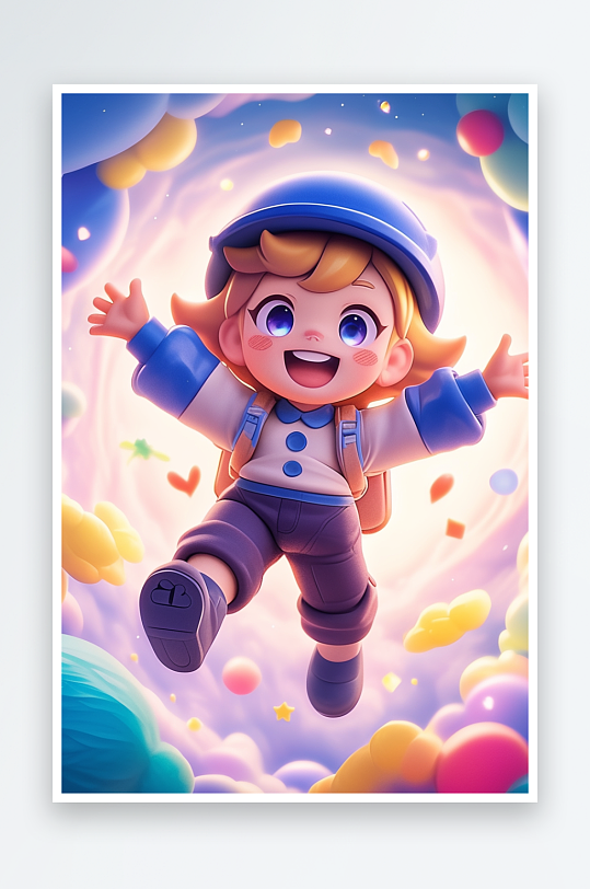 AI开心儿童节穿越隧道夏季3D人物模型插画-众图网