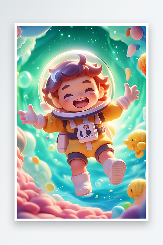 AI数字艺术儿童节穿越隧道夏季3D人物模型插画-众图网