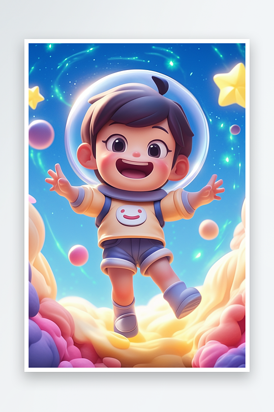 AI数字艺术儿童节穿越隧道夏季卡通3D人物模型插画-众图网