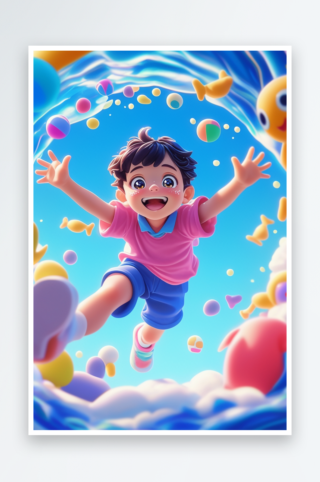 AI海底兒童節(jié)穿越隧道夏季卡通3D人物模型插畫素材