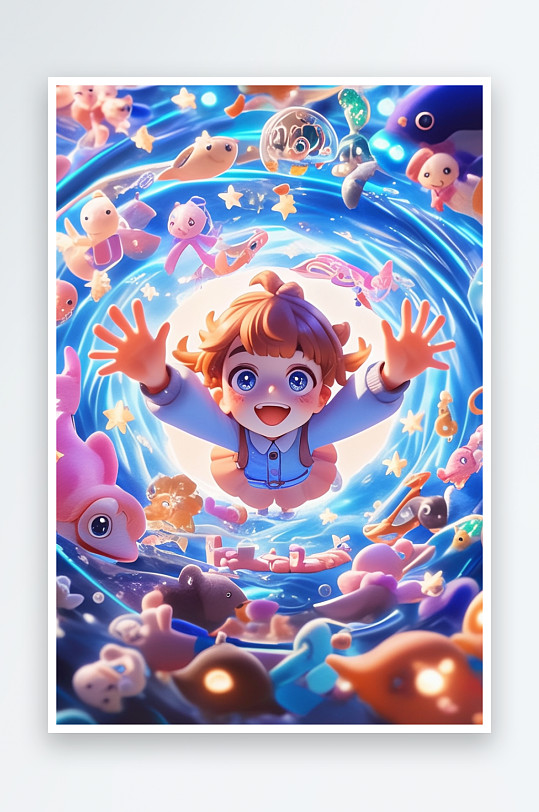 AI海底儿童节穿越隧道夏季3D人物模型插画-众图网