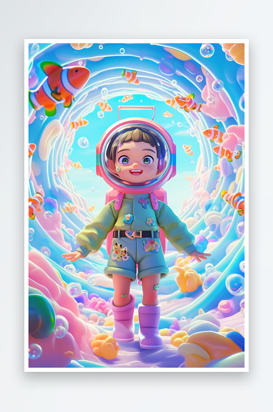 AI海底儿童节穿越隧道人物模型-众图网