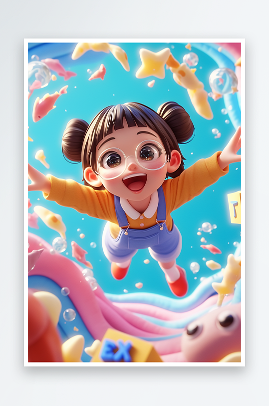 AI海底儿童节穿越隧道人物夏季3D人物模型插画-众图网