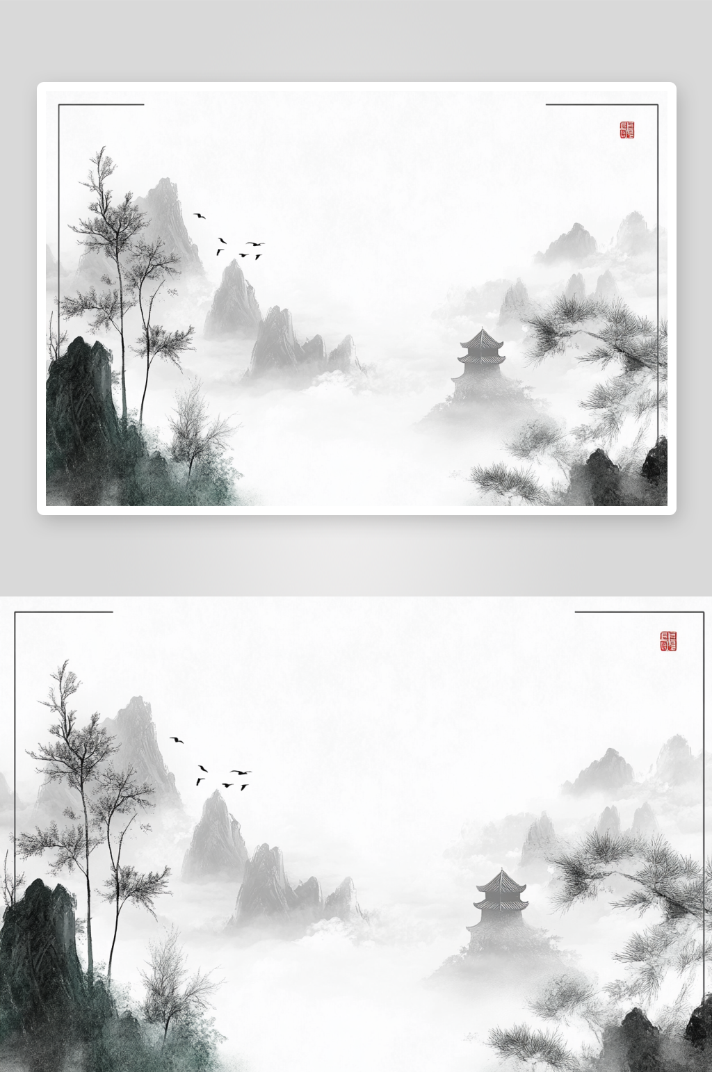 AI飞鸟山水图中国风水墨背景图素材