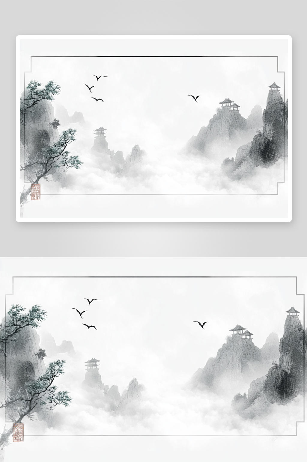 AI飞鸟山水图中国风水墨背景图素材