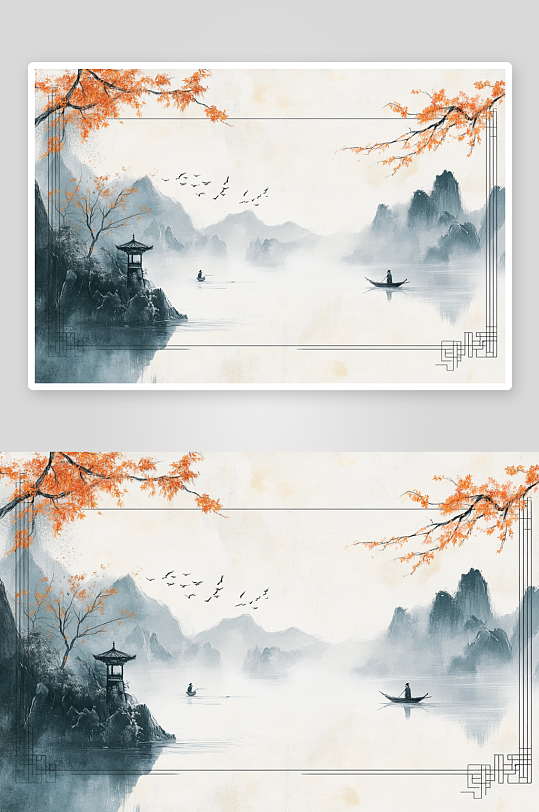AI飞鸟渔翁中国风水墨背景图