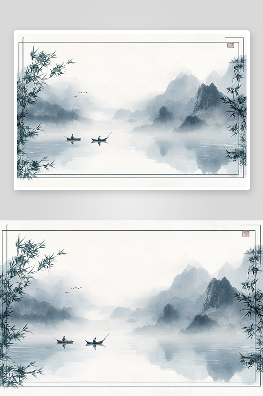 AI飞鸟渔翁中国风水墨背景图