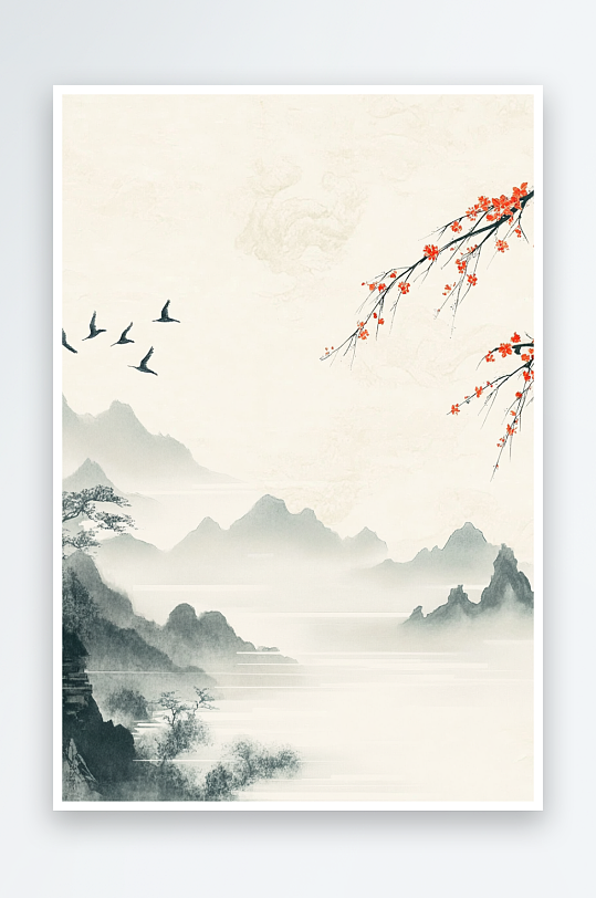 AI飞鸟渔翁中国风水墨背景图