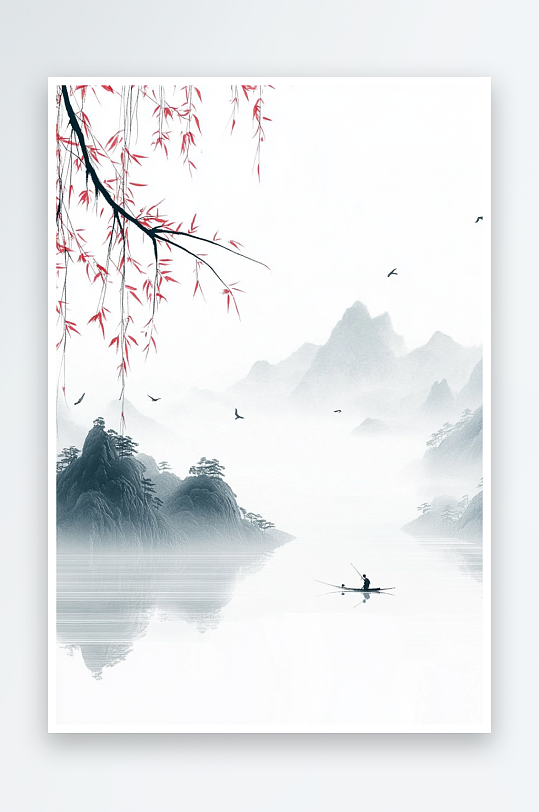AI凉亭渔翁中国风水墨背景图