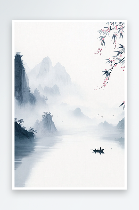 AI凉亭渔翁中国风水墨背景图