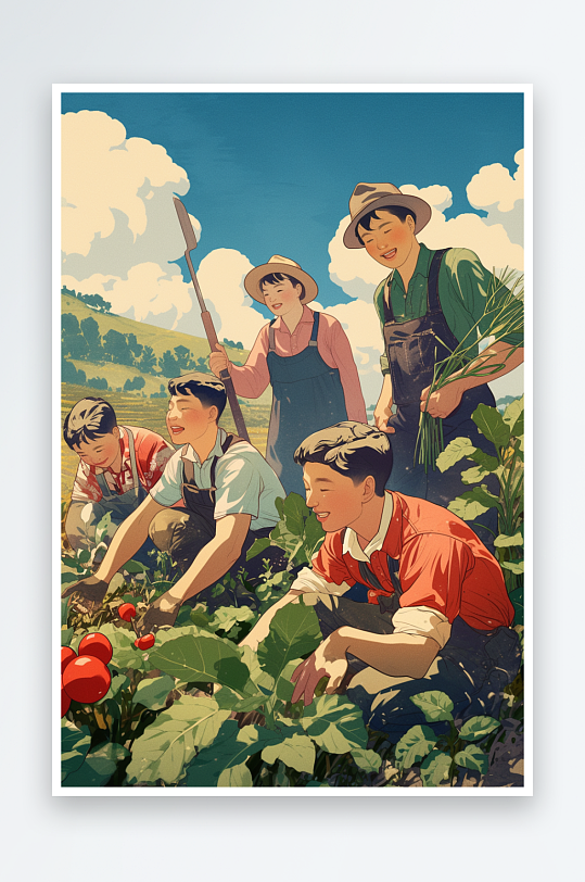 AI数字艺术复古农民插秧春耕农忙种田插画-众图网