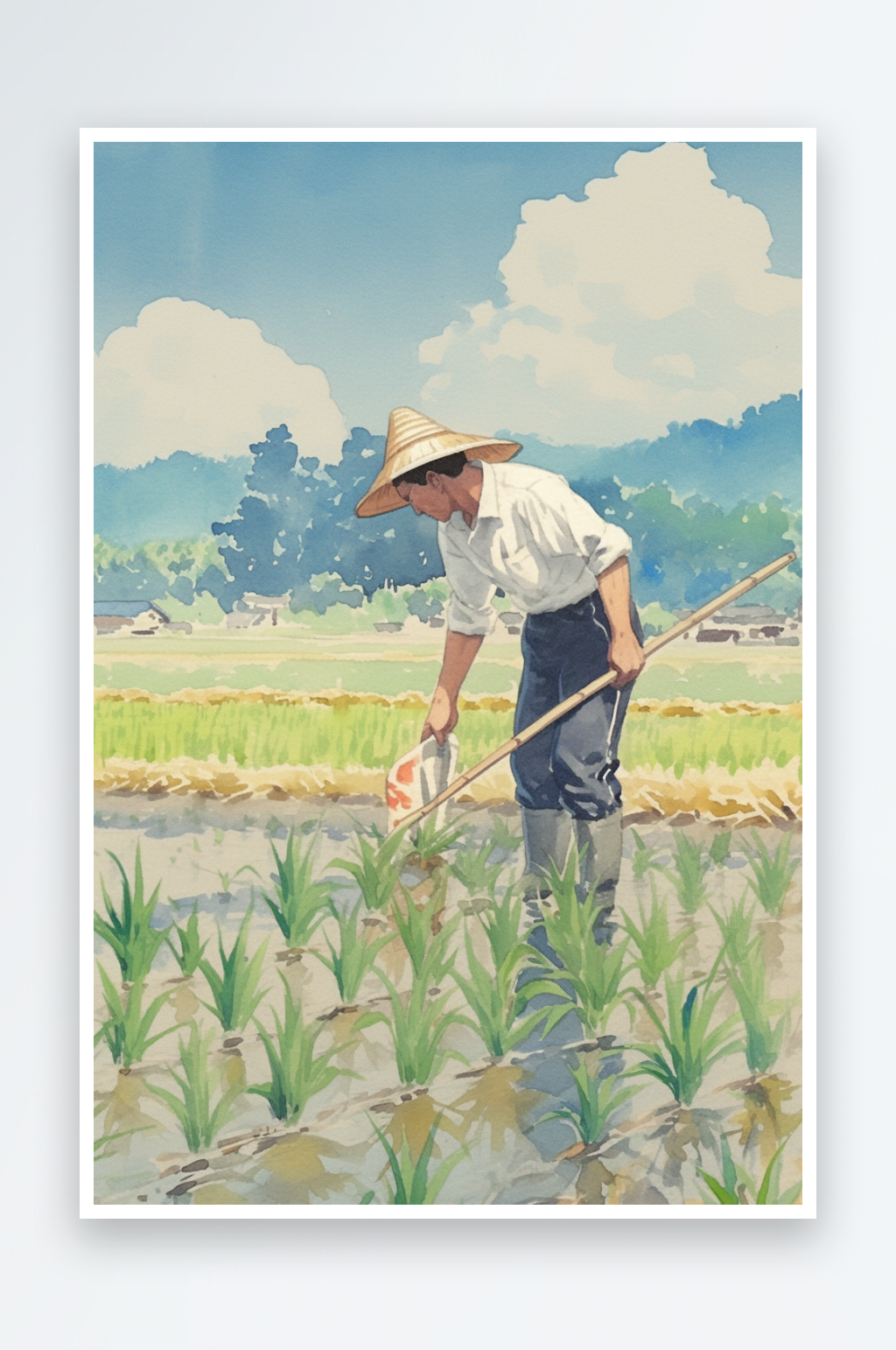 AI春季复古农民插秧春耕农忙种田插画素材