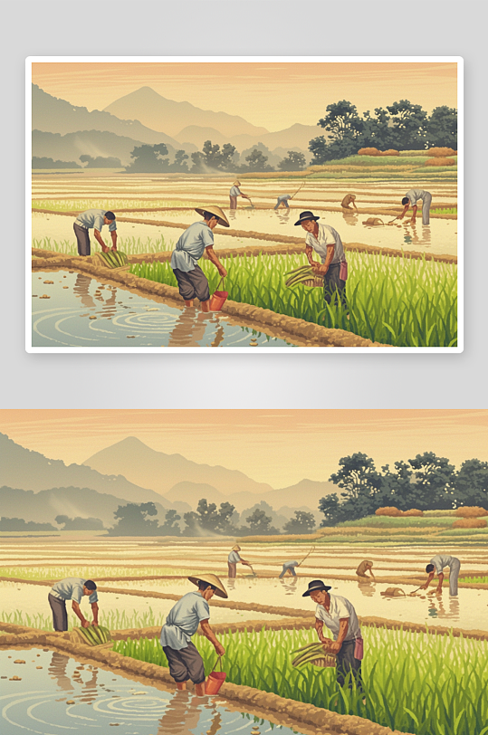 AI水稻复古农民插秧春耕农忙种田插画-众图网