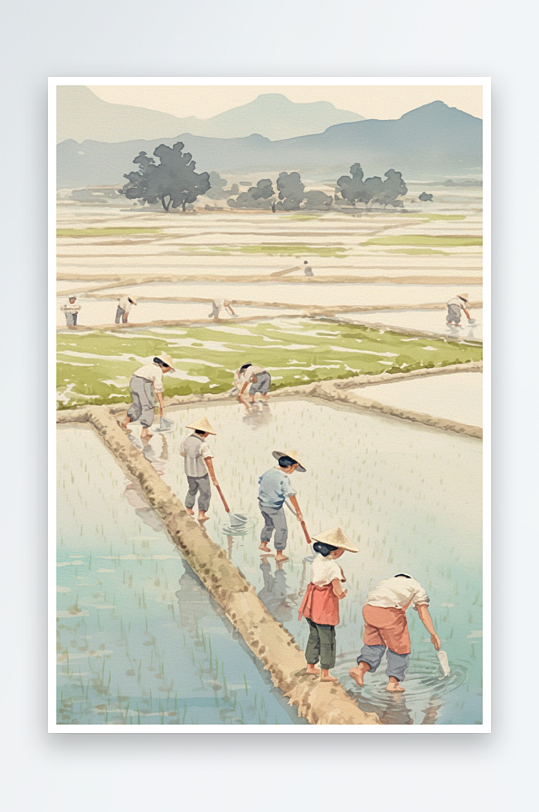 AI水稻复古农民插秧春耕农忙种田插画-众图网