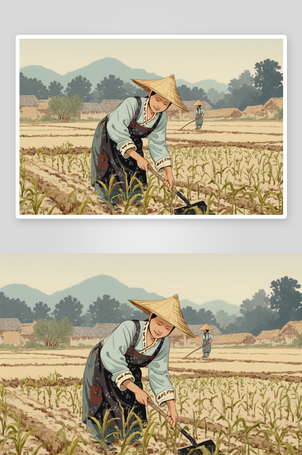 AI水稻种植复古农民插秧春耕农忙种田插画素材