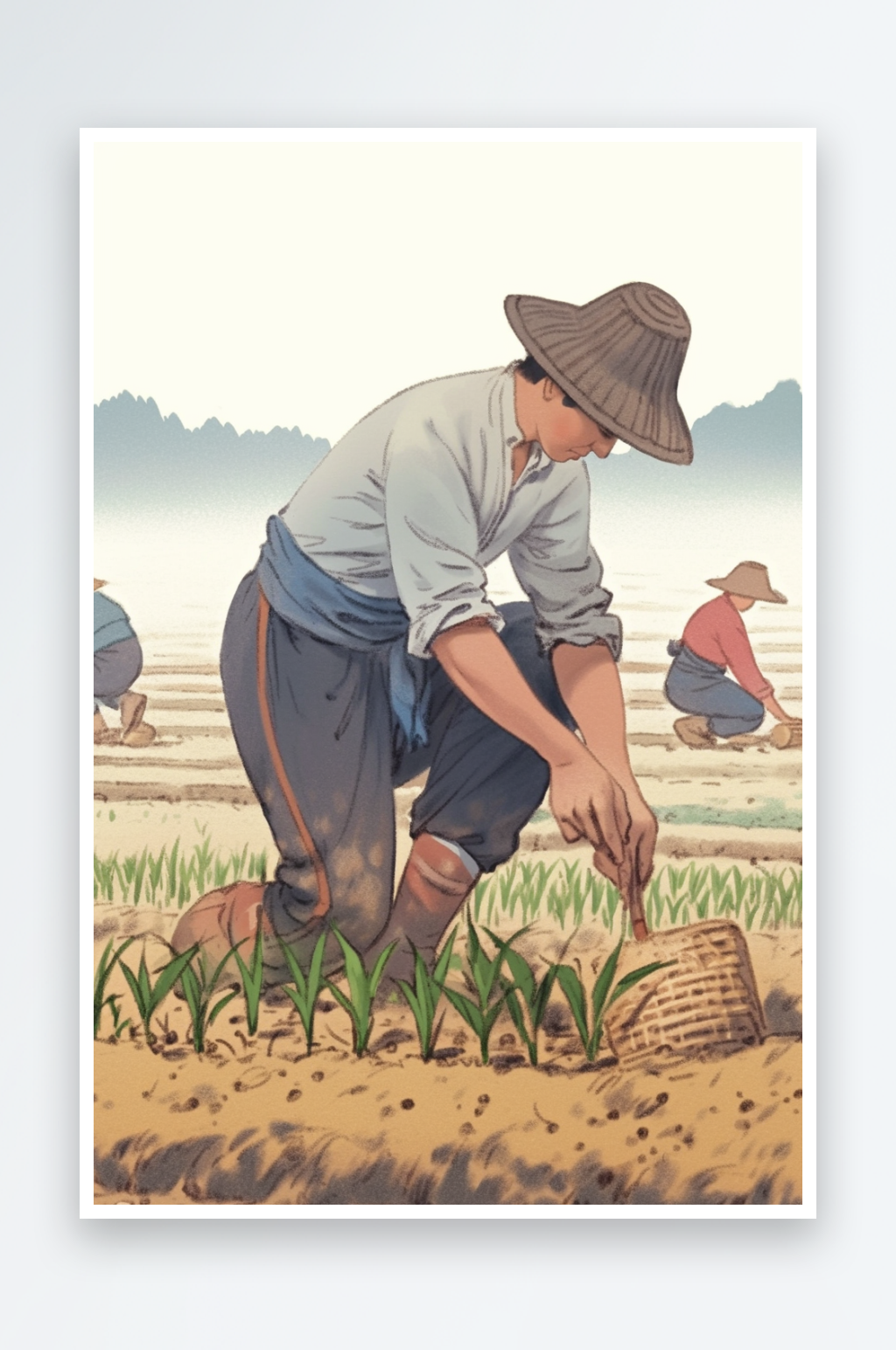 AI复古农民插秧春耕农忙种田插画素材