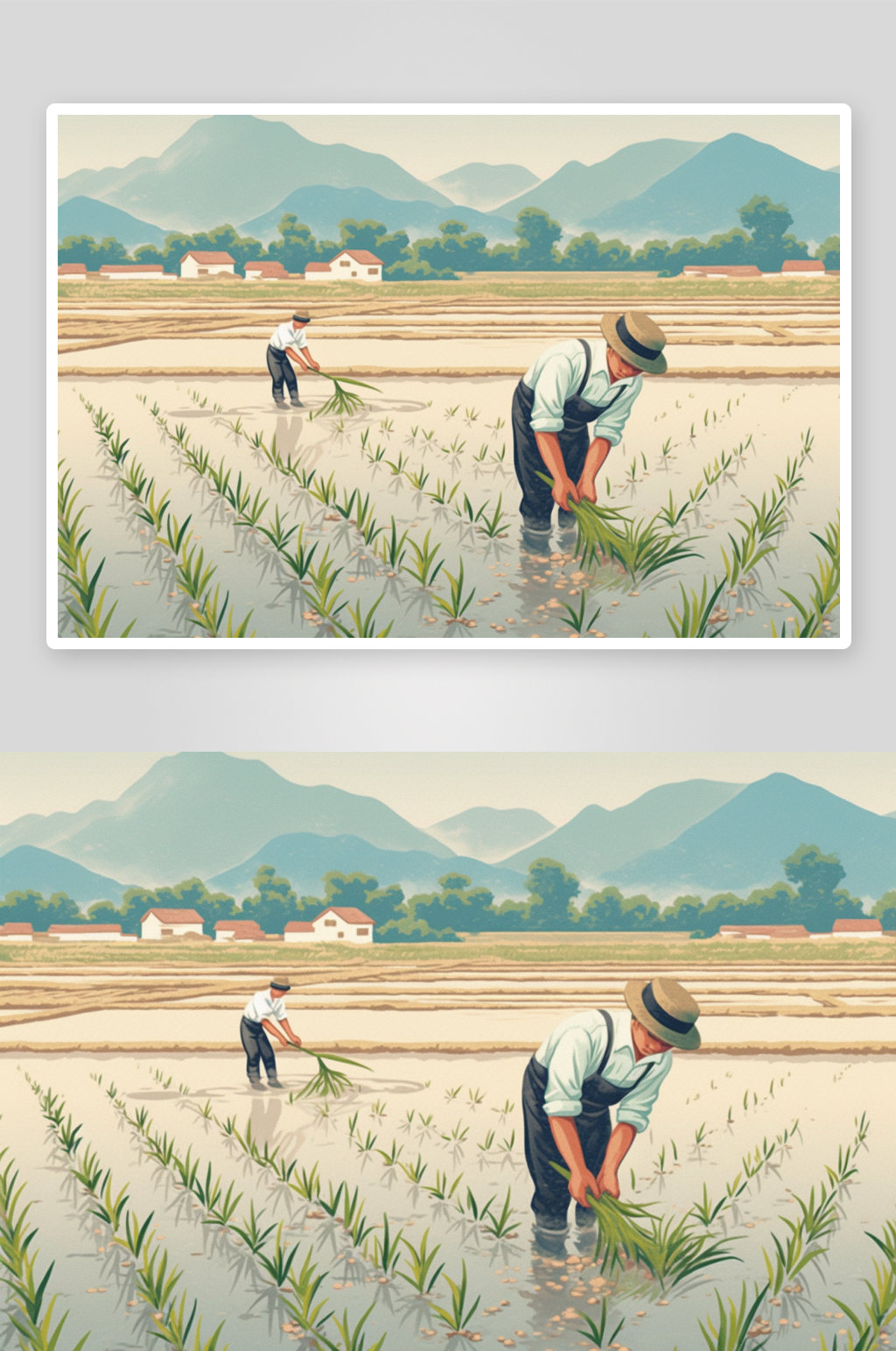AI复古农民插秧春耕农忙种田插画素材