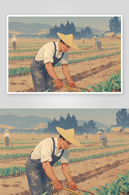 AI80年代复古农民插秧春耕农忙种田插画-众图网